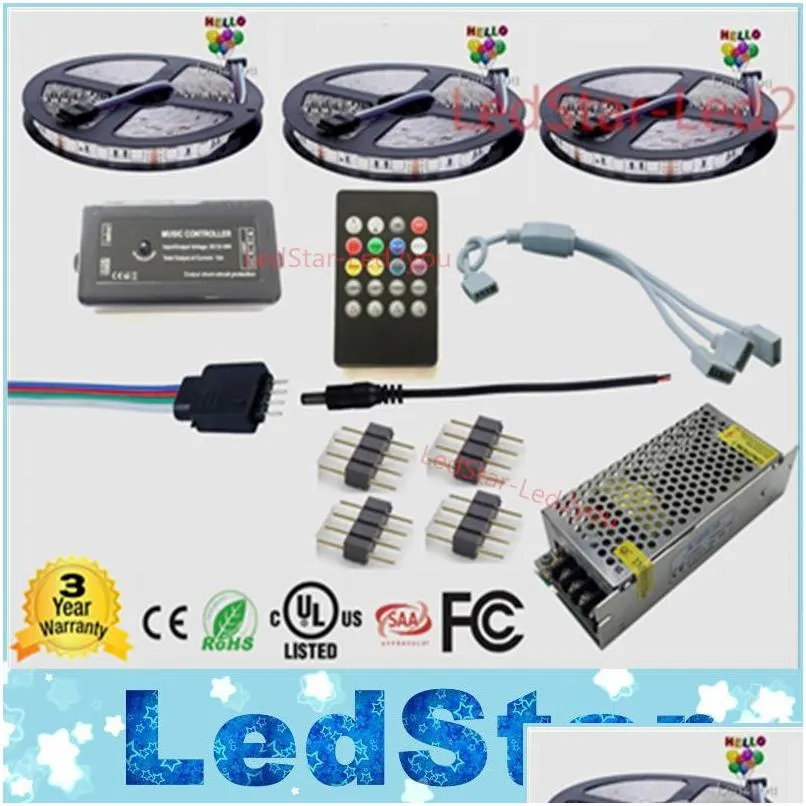 15m music led strip waterproof 5050 tape ruban 12v flexible add music remote controller add power adapter kit 