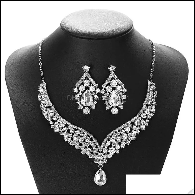 exaggeration silver color crystal choker necklace earrings wedding jewelry set for women water drop bridal gift