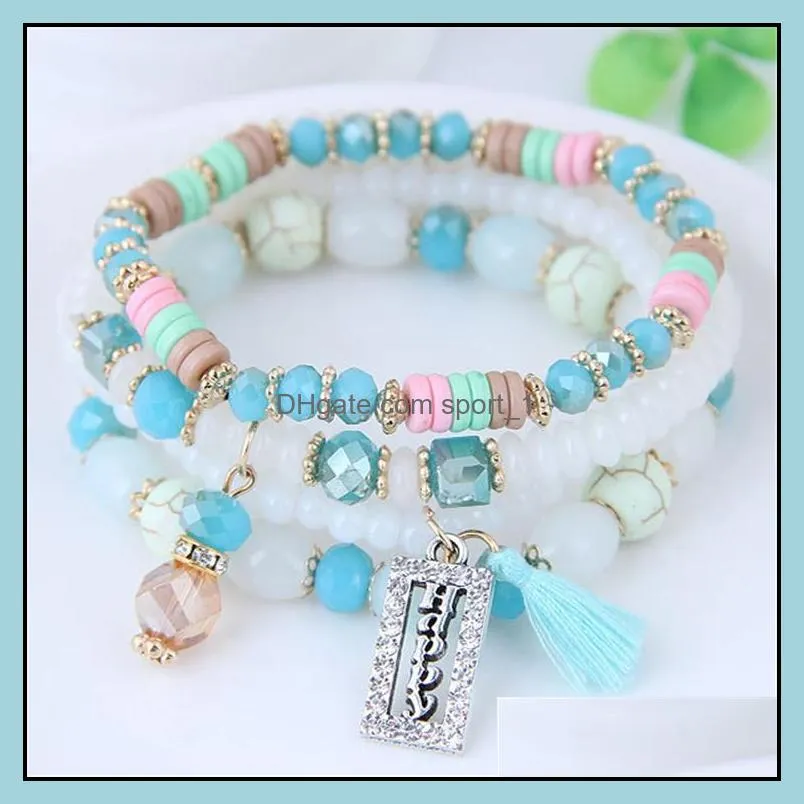 boho tassel bracelets jewelry women bohemian beaded bracelet multilayer crystal bangle charm stretch summer beach chain set