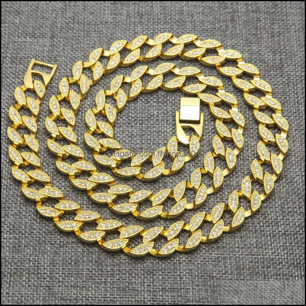   cuban link gold plated iced out white diamond chains long necklaces for mens hip hop jewelry sell