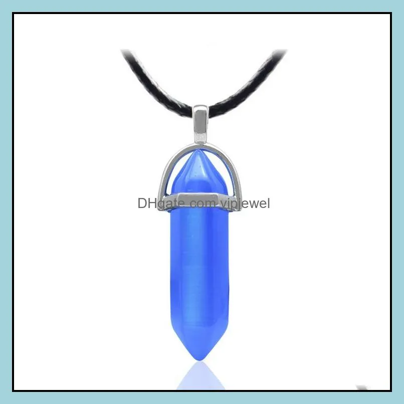 natural crystal bullet hexagonal opal cats eye pendant pu chian necklace for women jewelry