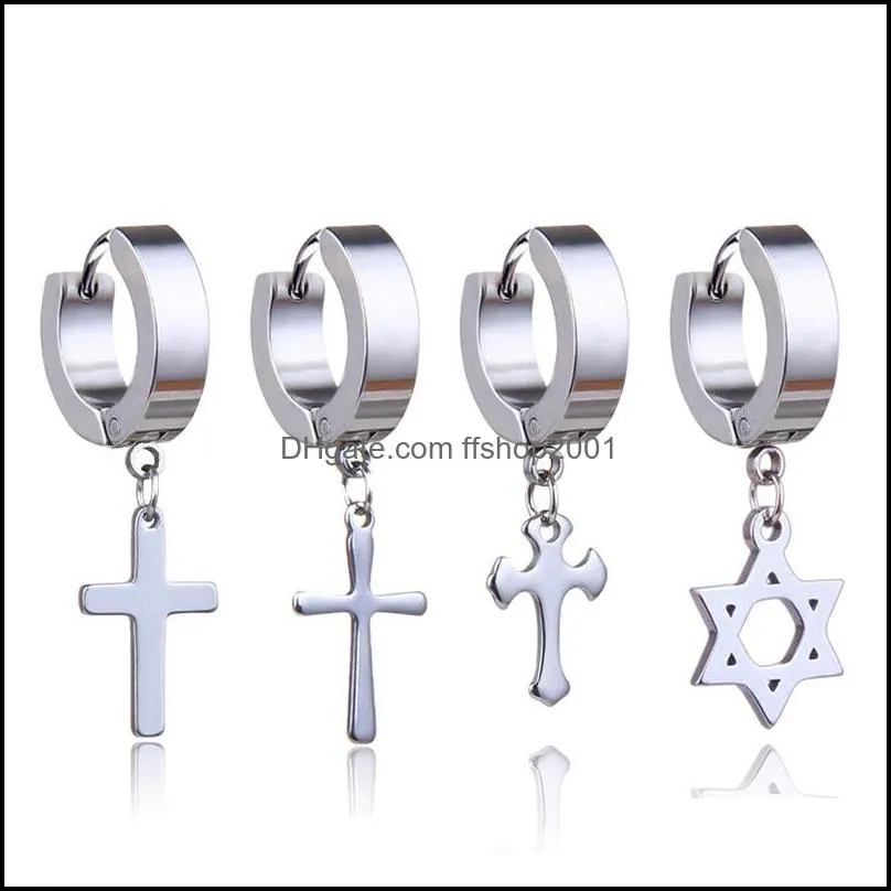 316l stainless steel cross star dangle fake piercing earrings men punk hypoallergenic nonpiercing clip on hoop earrings for women
