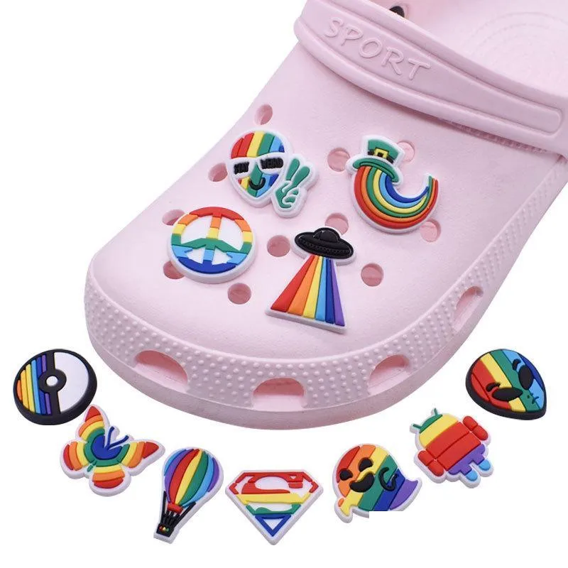 wholesale rainbow croc charms fit for clog shoes and wristband bracelet decoration kids teen adulty party gifts