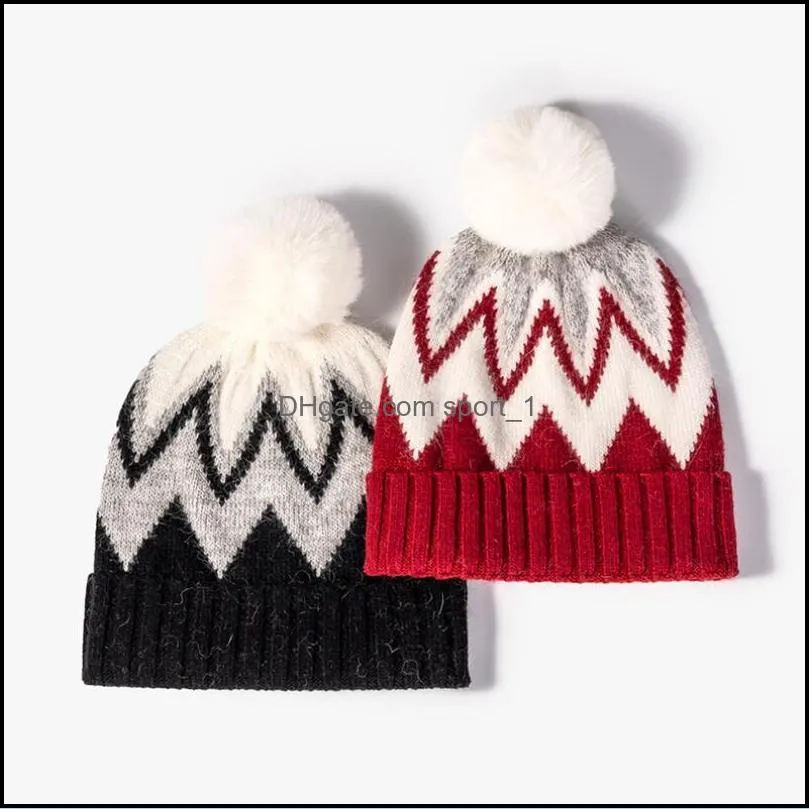 striped jacquard pompom beanie hat winter warm knitting thick skull caps for women valentines day christmas gift