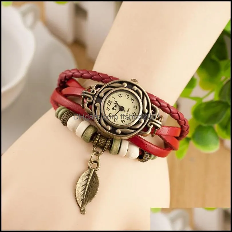 fashion women s bracelet watches braided leather multi layer bronze leaf charm wrist watches for ladies round case quartz watches