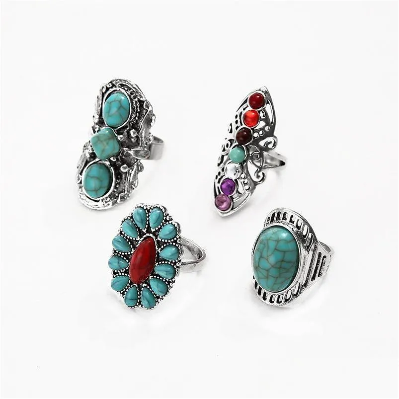 fashion jewelry ethnic style ring retro turquoise carved hollowed flower rings set 4pcs/set