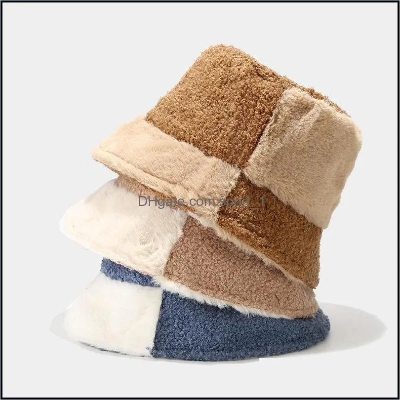 casual stitching contrast color faux fur winter stingy brim hats for women warm bucket hat men fisherman caps