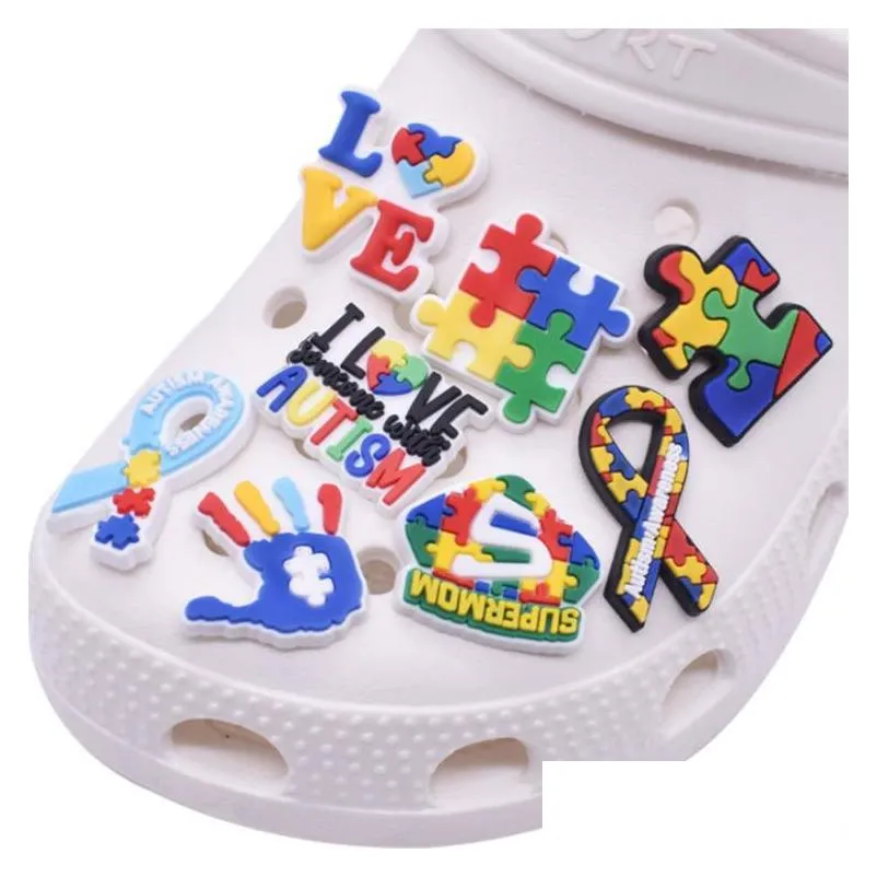 custom autism awareness ribibon pvc shoe charms shoecharm buckles fashion accessories soft rubber jibz for croc shoes