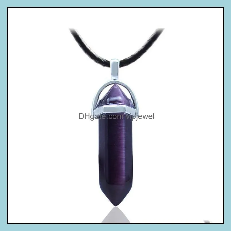 natural crystal bullet hexagonal opal cats eye pendant pu chian necklace for women jewelry