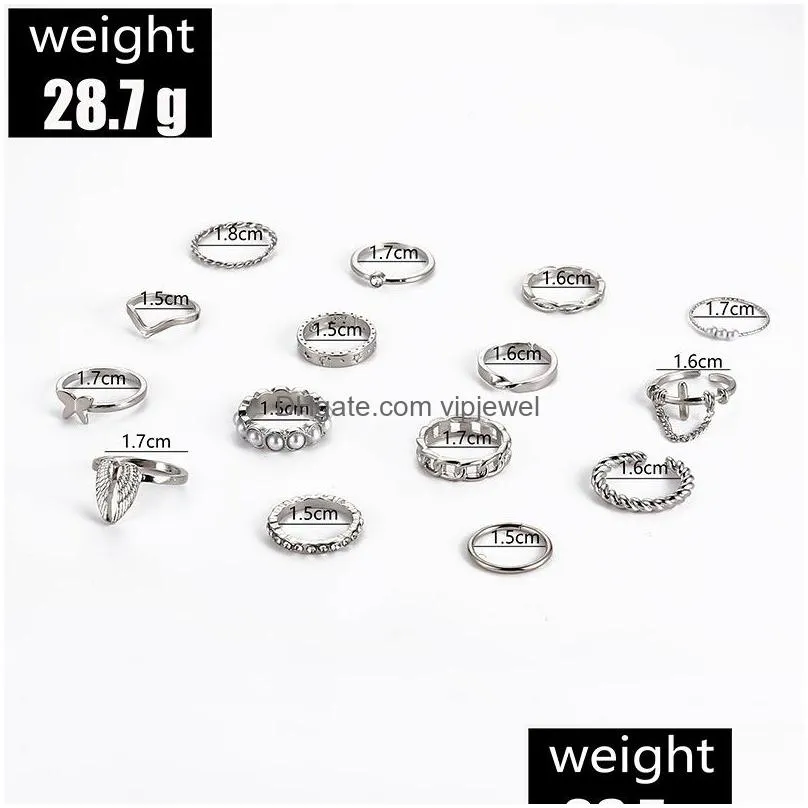 fashion jewelry knuckle ring set silver geometric faux pearl beads angel wing cross chain stacking rings set 15pcs/set