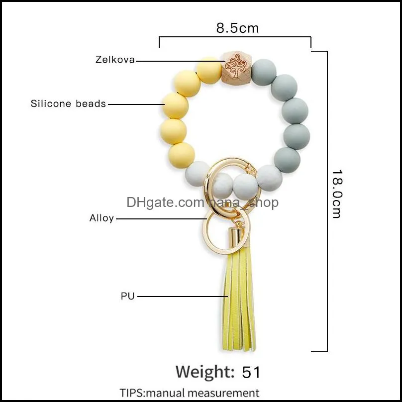 fashion wood beaded silicone strands beads keychains key wristlet bracelet pendant keyring for women tassel keychain bangle