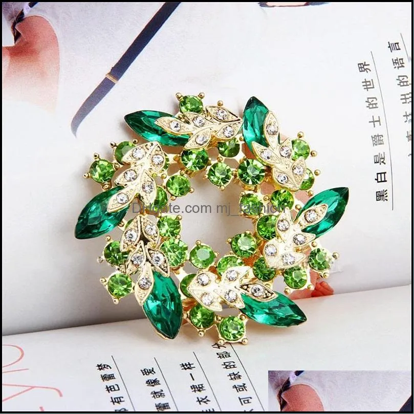 2 inch gold plated green and lime rhinestone crystal wreath flower brooch c3