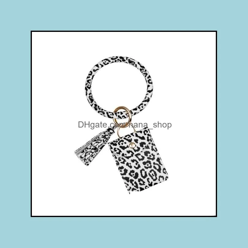 fashion round wristlet bracelet key rings women pu leather leopard tassel bracelets keychains girl purse bag keyring l13fa z