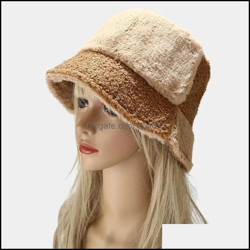 casual stitching contrast color faux fur winter stingy brim hats for women warm bucket hat men fisherman caps