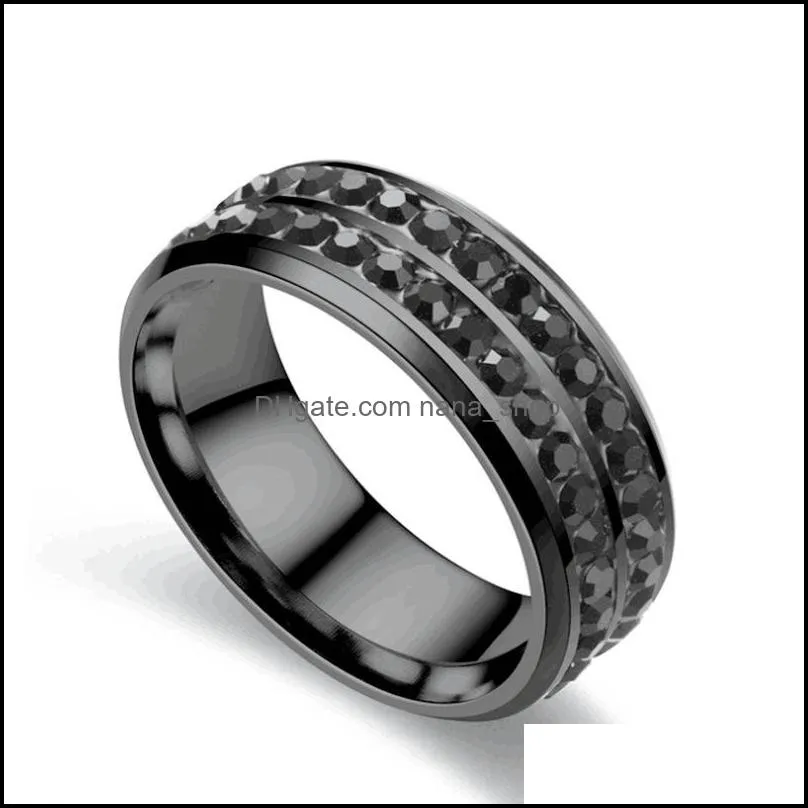 stainless steel two rows diamond finger band jewelry black silver gold charm rings men women fashion wedding hip hop ring