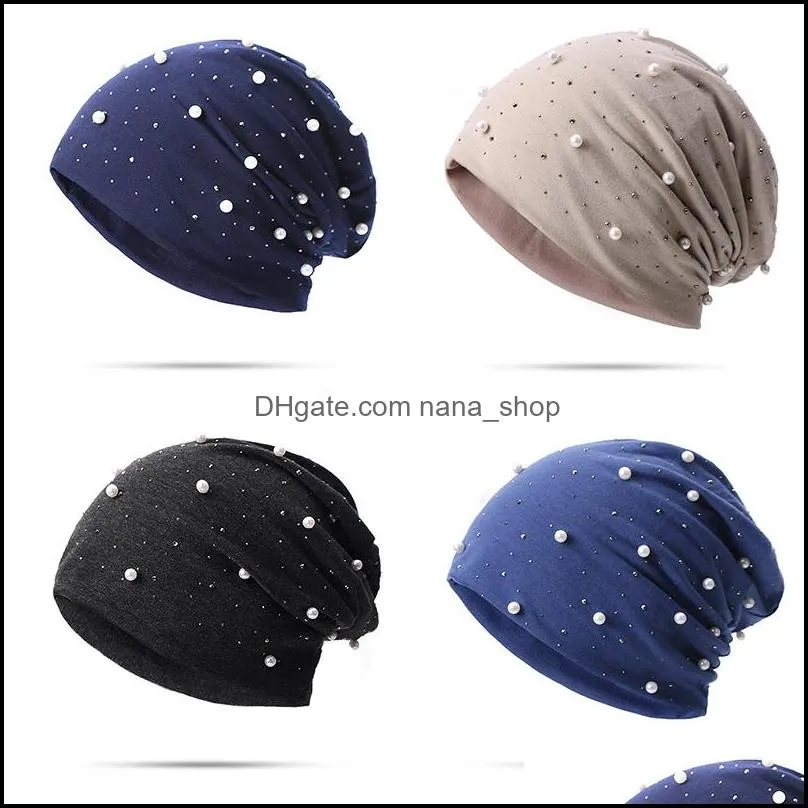 autumn spring soft cotton beanie hats women girls pearl rhinestones warm skullies cap urban bonnet hat female ladies gift