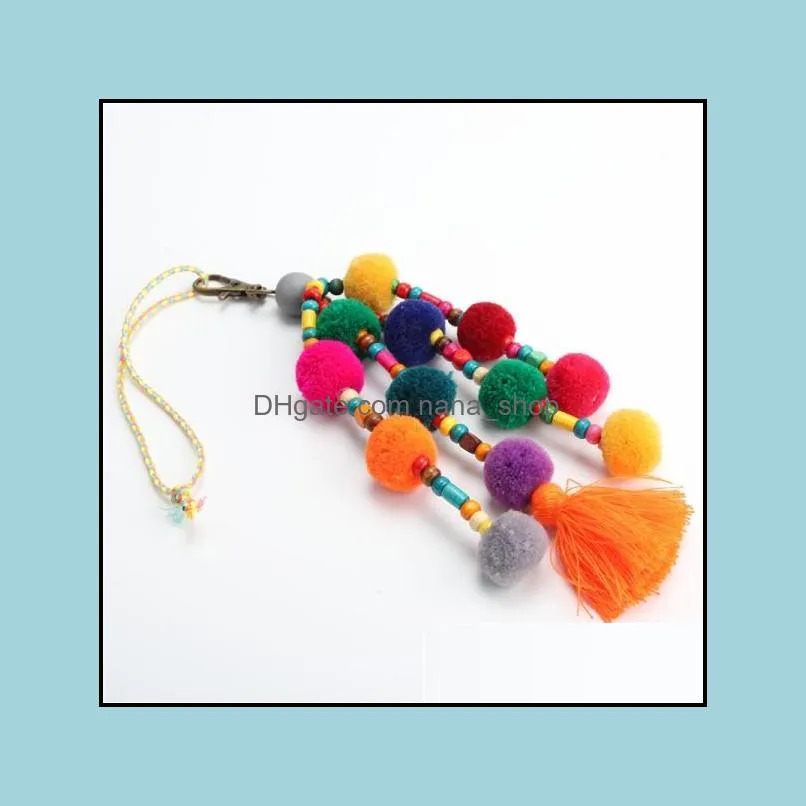 colorful bead tassels big ball key chain charm pompom keychains fashion jewelry bohemian handmade bag pendant women y426z