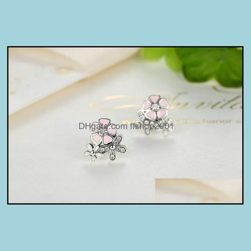 luxury 925 sterling silver poetic daisy cherry blossom drop earrings clear pink cz flower women engagement studs for women fashion