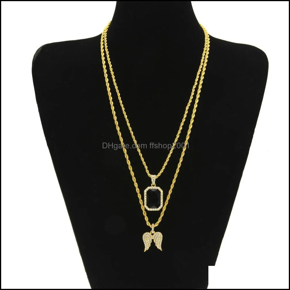 mens hip hop jewelry sets mini square ruby sapphire  diamond angel wings pendant gold chain necklaces for male hiphop