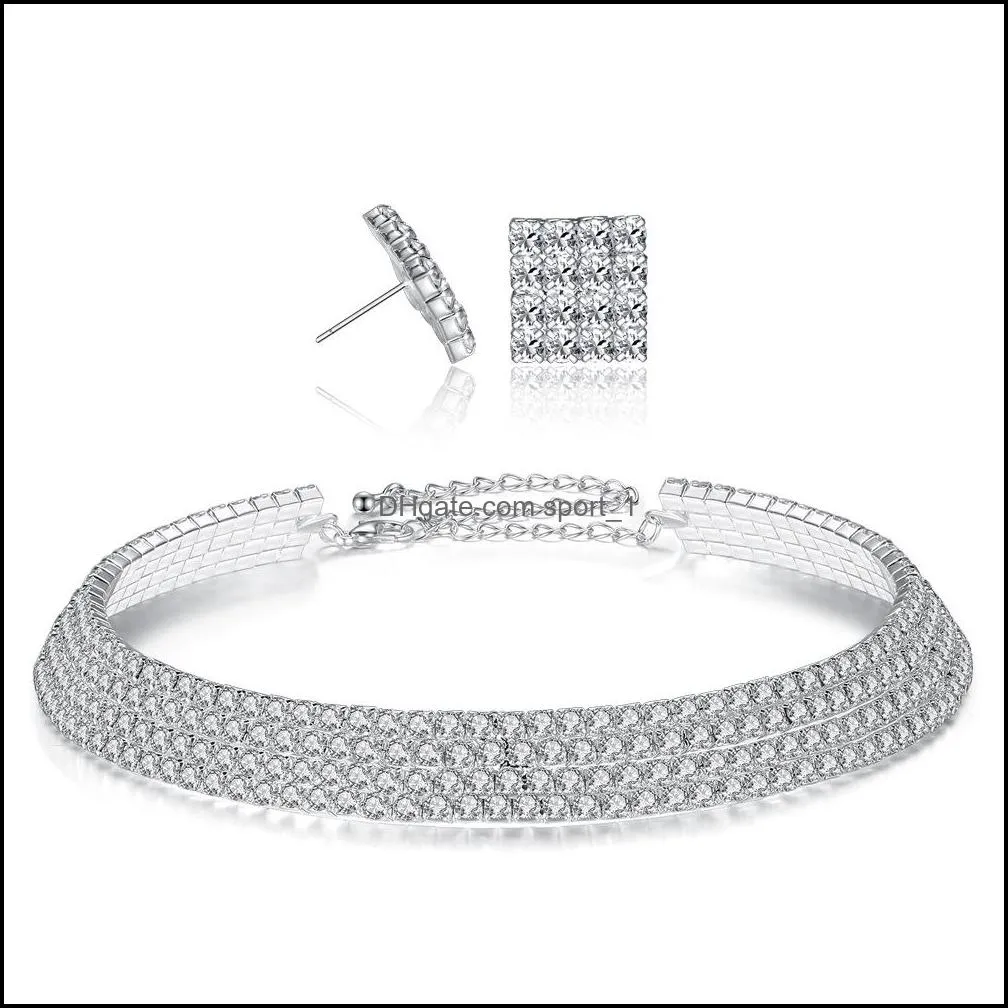 classic crystal wedding necklace stud earrings for women geometric rhinestone jewelry set bridal engagement gift