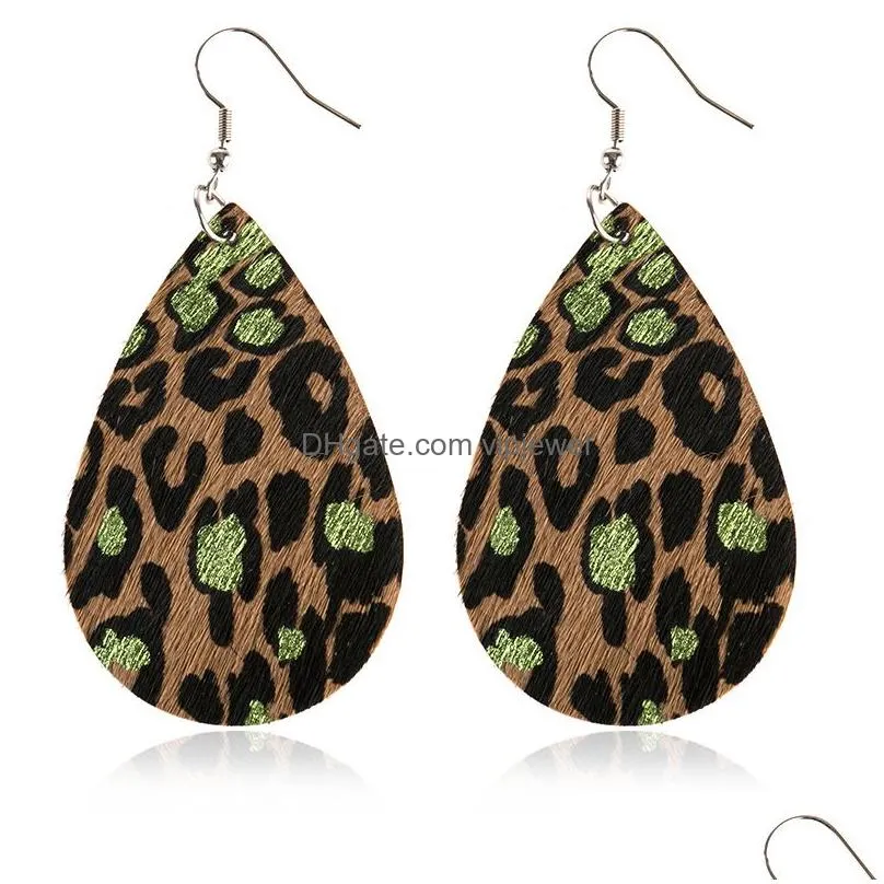 fashion jewelry womens leather dangle earrings cow grain leopard waterdrop leather earrings
