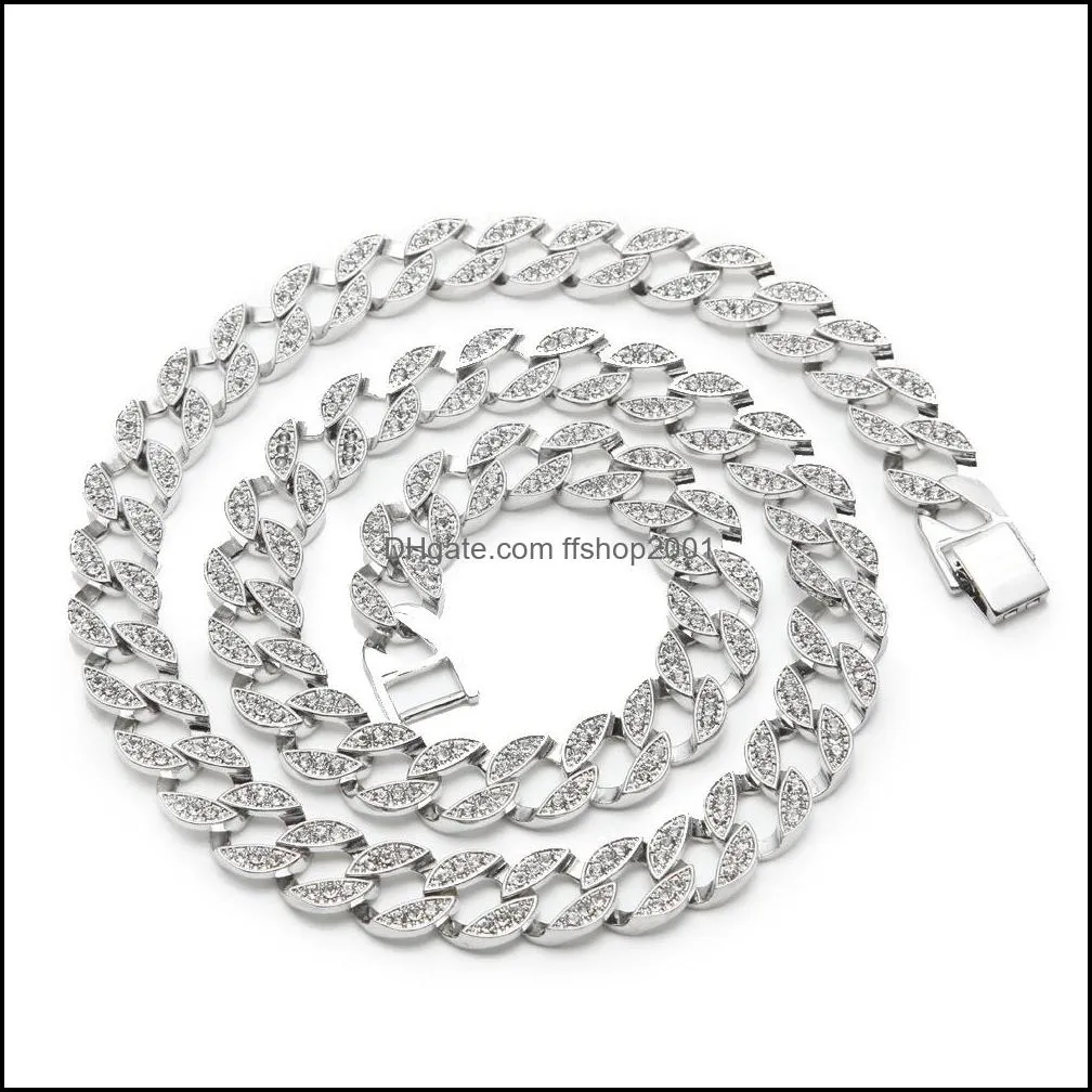   cuban link gold plated iced out white diamond chains long necklaces for mens hip hop jewelry sell