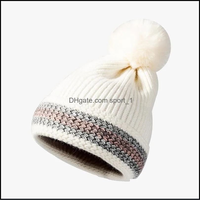 casual street women winter knitted hat classic striped geometric pattern beanie cap with pompom ball