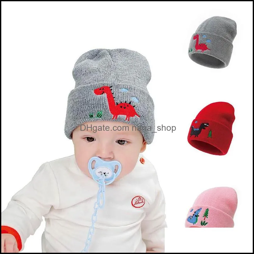 fashion embroidered cartoon dinosaur animal beanie caps toddler children hats for boys girls knitted infant baby winter thick kids cute hat