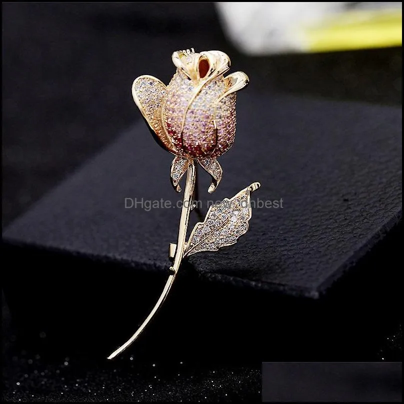 full diamond rose flower brooches pins for female luxury suit corsage designer brooch pins 2020 fashion wedding gold jewelry 461c3