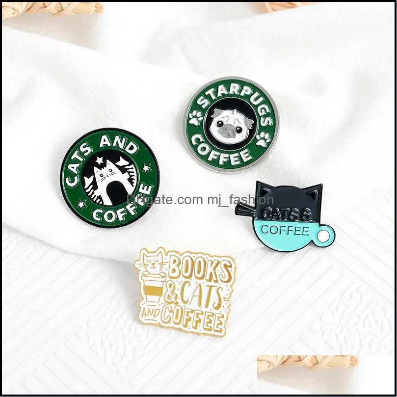 cats coffee enamel pin custom pug puppy cat cafe brooches badges bag shirt lapel pin buckle cute animal jewelry gift for friends 707