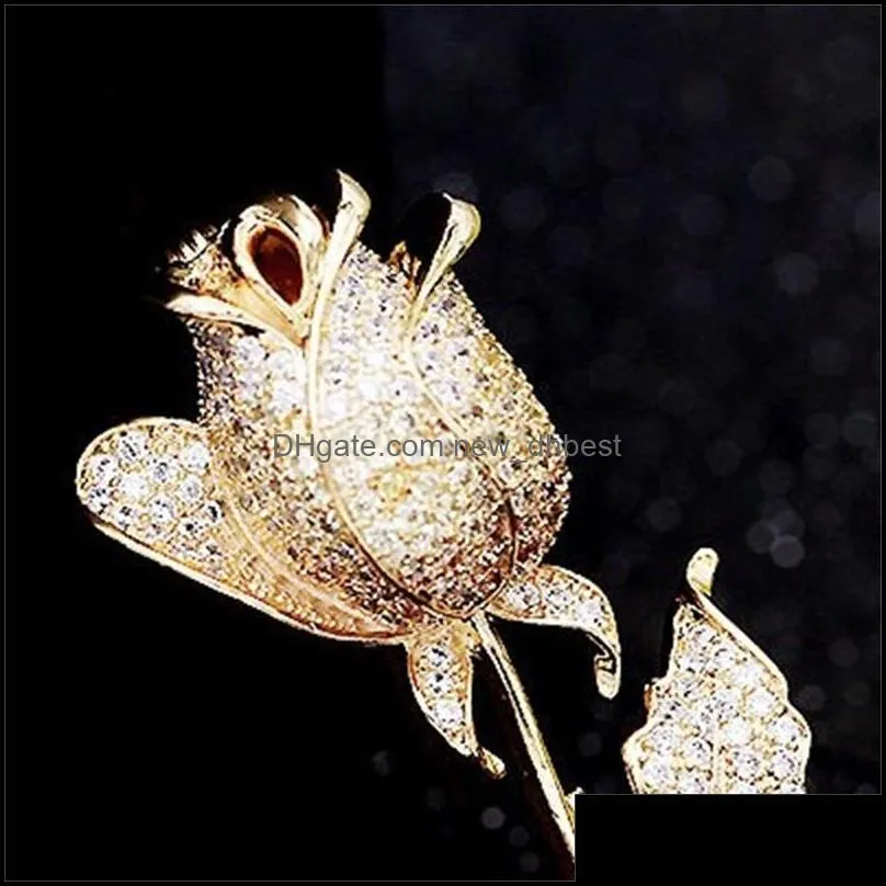 full diamond rose flower brooches pins for female luxury suit corsage designer brooch pins 2020 fashion wedding gold jewelry 461c3