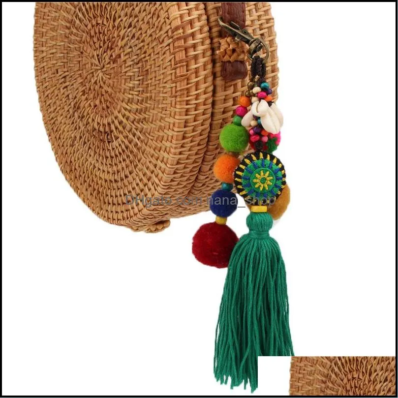 bohemian wood beads key chain pompom holder bag car hanging tassel pendant keychains woman jewelry for women y428z