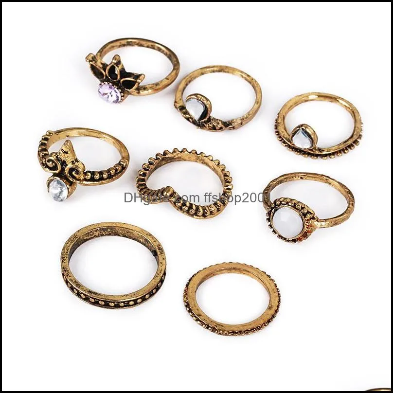 8pcs/set vintage rings crown white gem bronze brass knuckle ring ethnic carved boho finger rings for men women fashion