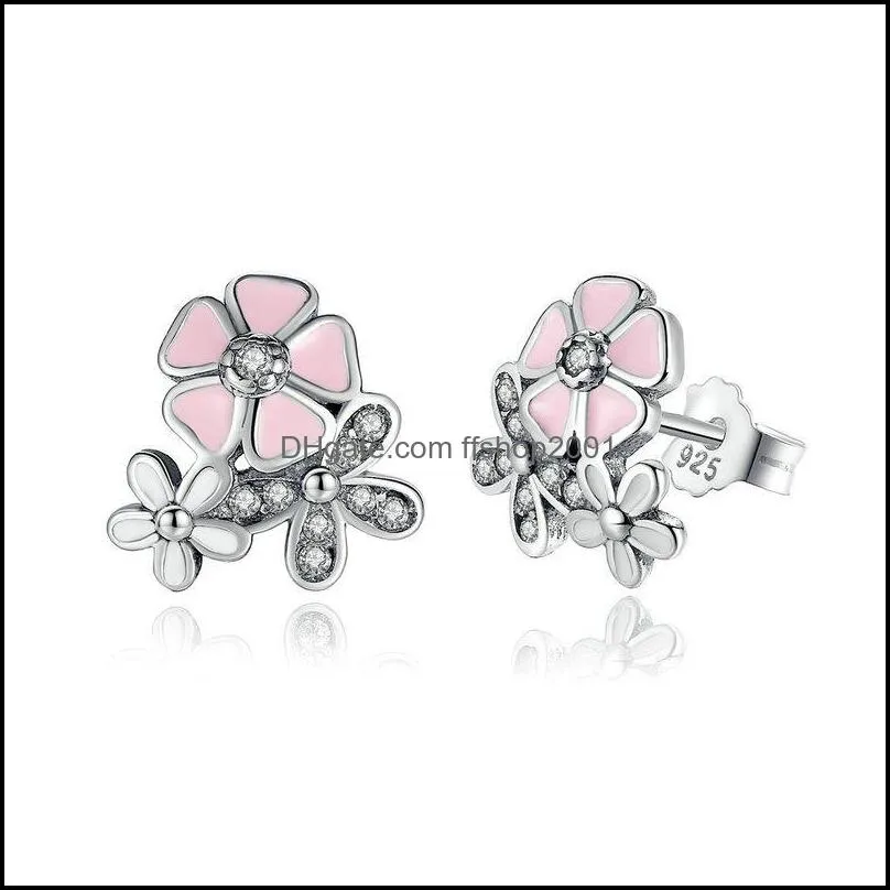 luxury 925 sterling silver poetic daisy cherry blossom drop earrings clear pink cz flower women engagement studs for women fashion