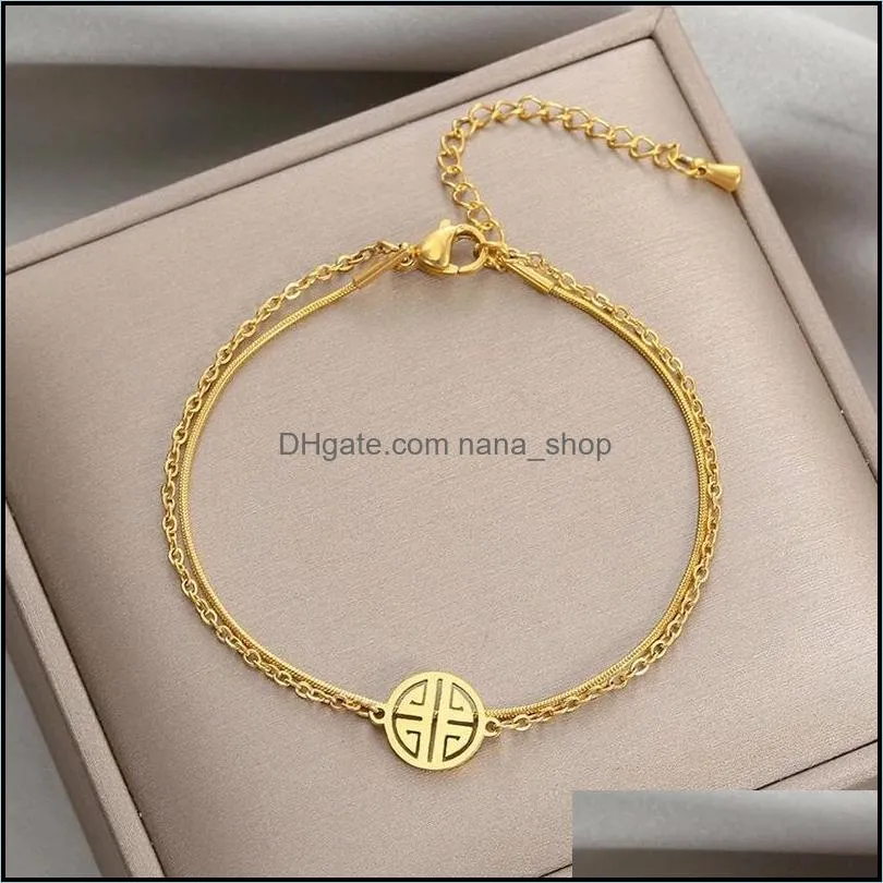 gold stainless steel anklet bracelet for women lucky transfer round card double layer summer foot chain beach barefoot leg jewelry