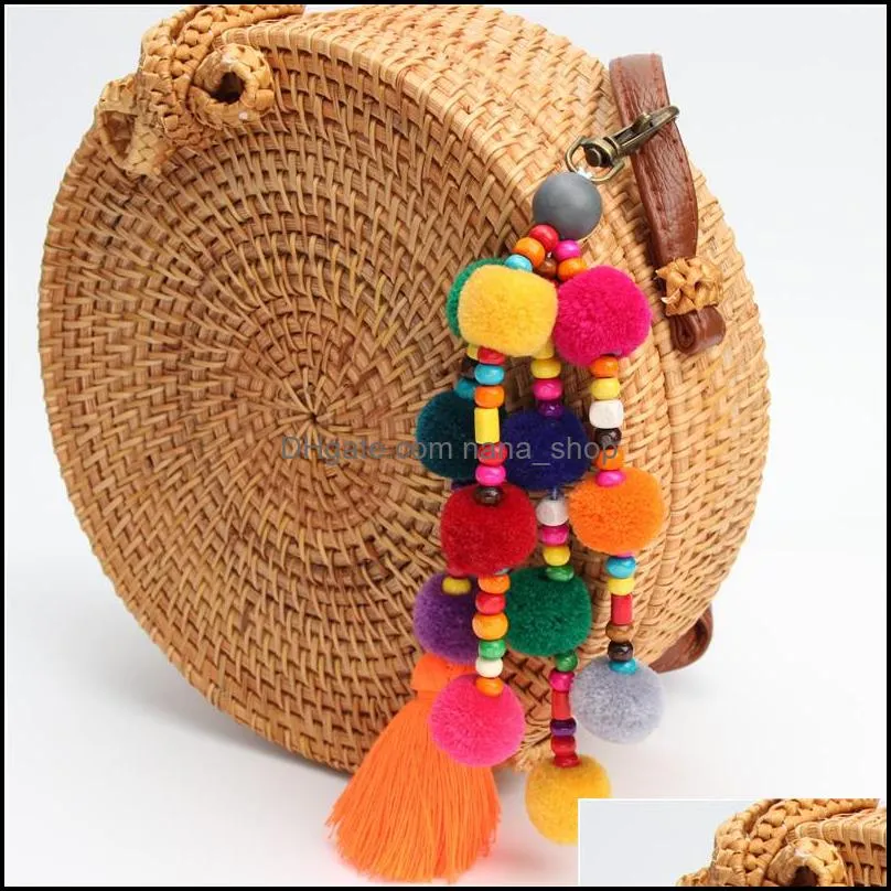 colorful bead tassels big ball key chain charm pompom keychains fashion jewelry bohemian handmade bag pendant women y426z