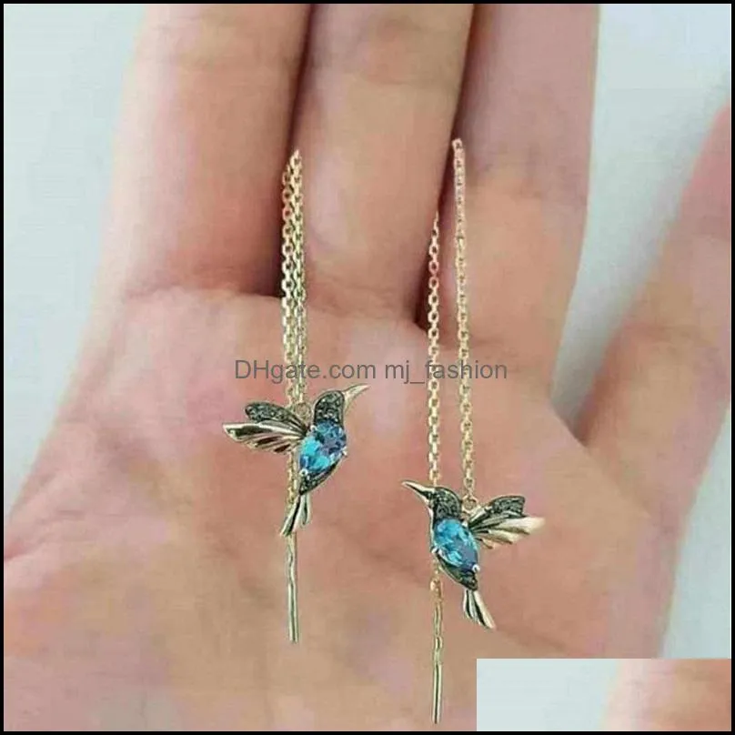 1 pair unique long dangle earrings bird pendant tassel crystal ladies jewelry design 2 colors hummingbird drop earring 286c3