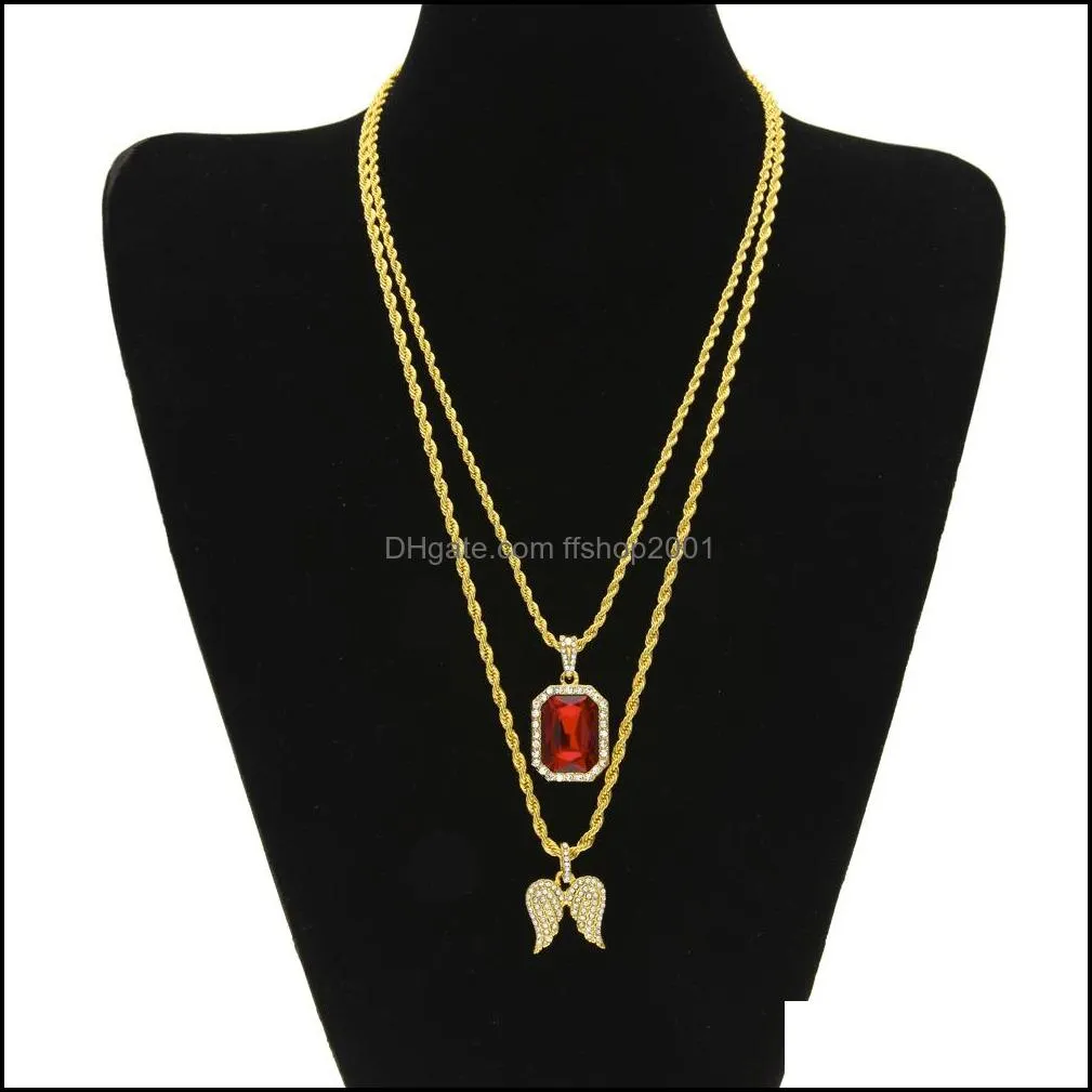 mens hip hop jewelry sets mini square ruby sapphire  diamond angel wings pendant gold chain necklaces for male hiphop