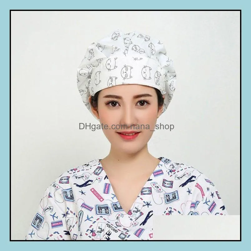 cotton scrubs beanie caps westabsorbent elastic section pet grooming nursing work hats lab flower print scrub hat