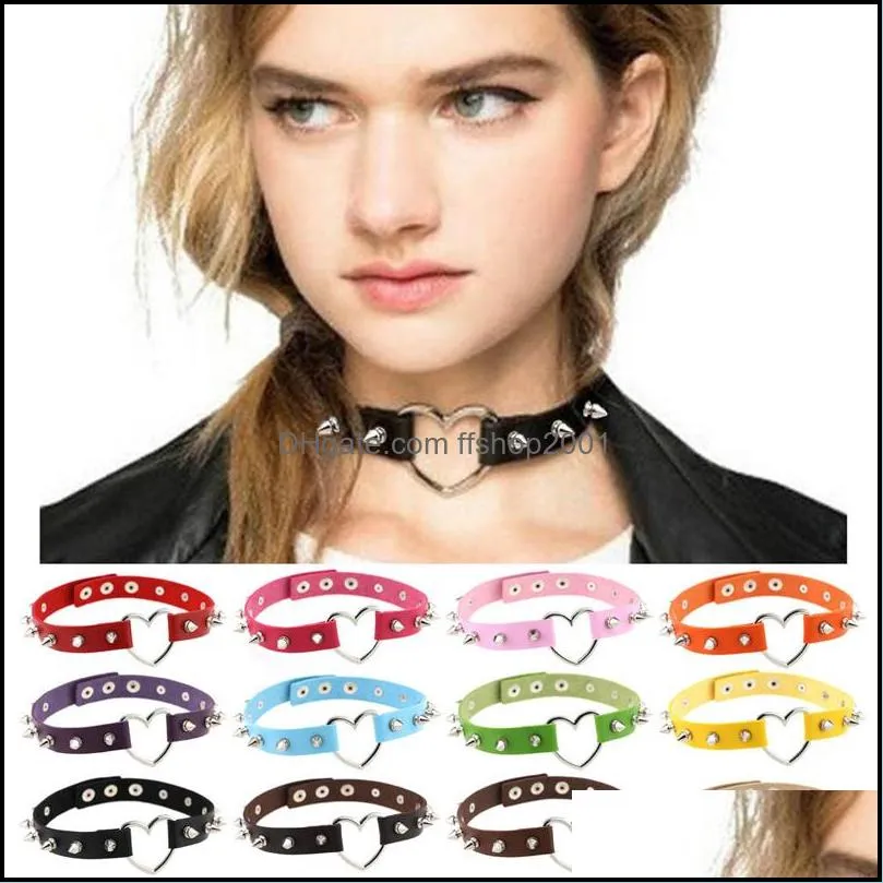 punk gothic vintage stud rivet spike collar necklace metal heart leather chokers necklaces for women girls fashion jewelry