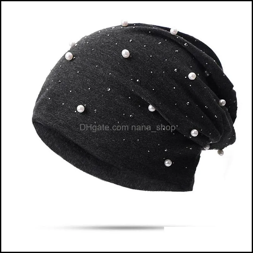 autumn spring soft cotton beanie hats women girls pearl rhinestones warm skullies cap urban bonnet hat female ladies gift