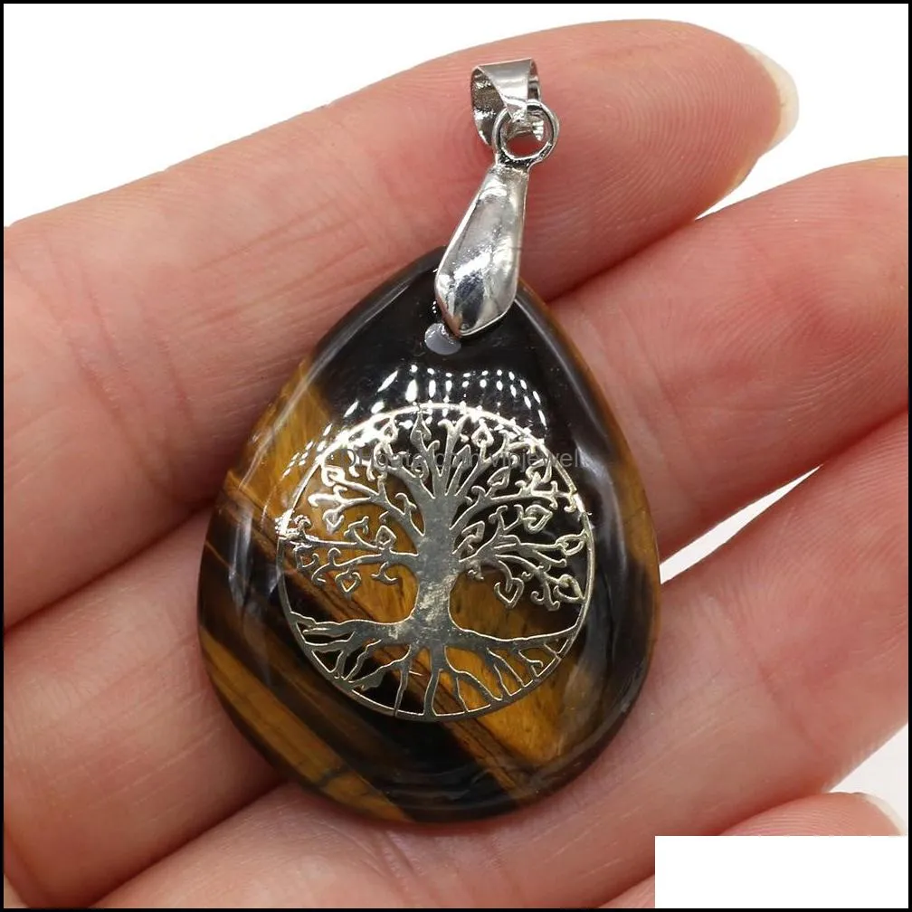 natural stone tree of life pendant charms purple pink crystal tigers eye water drop shape metal alloy pendant seven chakra reiki for diy jewelry necklace