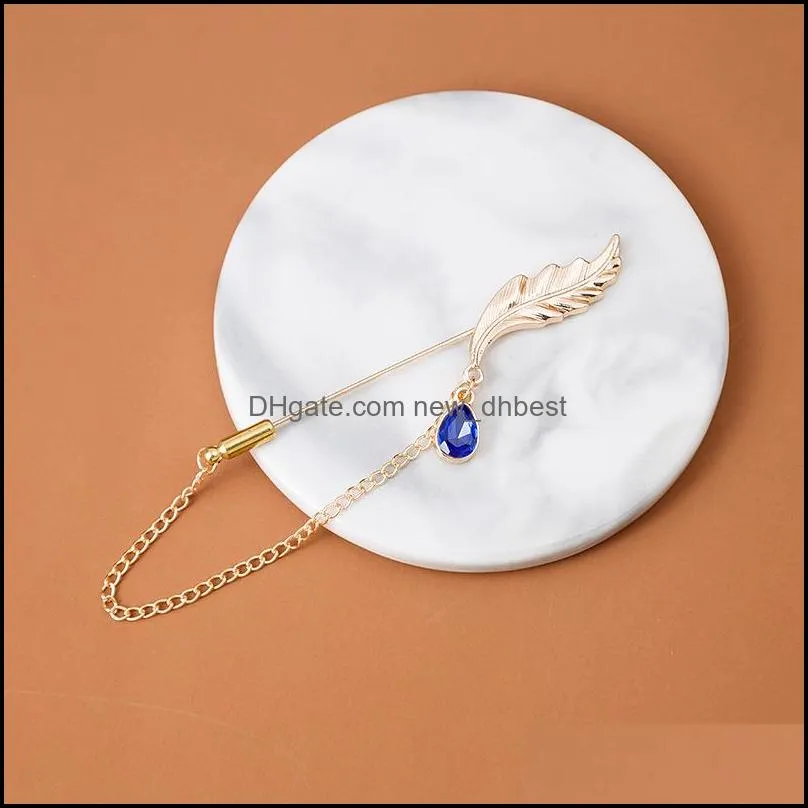 korean style simple and creative word feather diamond chain brooch refined collar pin suit clothing fashion accessories wholesale jewelry