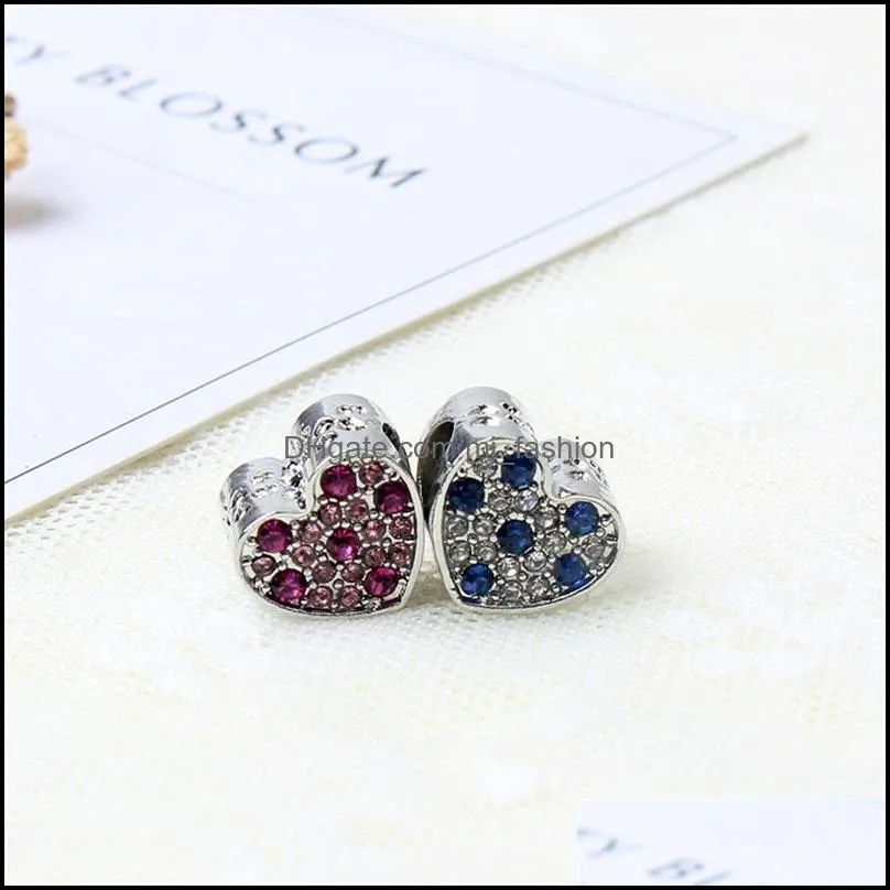 fits pandora bracelets 20pcs heart purple blue red crystal silver charms fits pandora charms bracelet beads for jewelry making 289c3