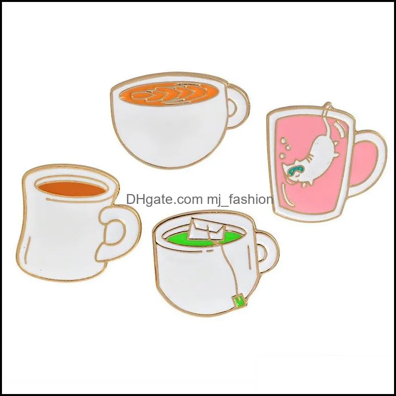 cute cat coffee cup tea cup brooch pins enamel suit shirt lapel pin for women children wedding gift drop c3