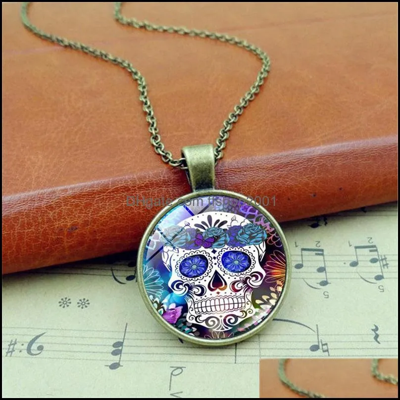 classic mexican sugar skull necklaces for women men flower skeleton glass cabochon pendant chains day of the dead holiday jewelry