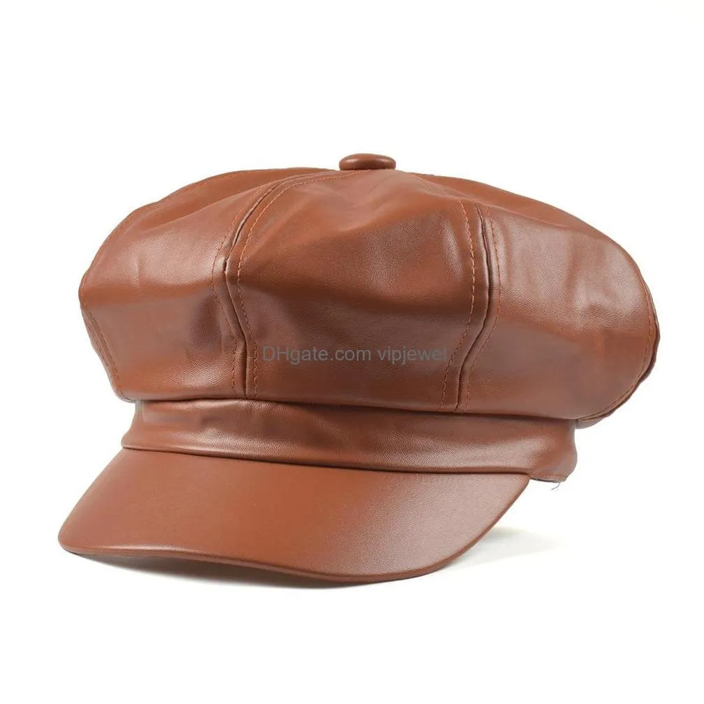 vintage women pu leather hat cool pumpkin hat painter cap lady beret hats