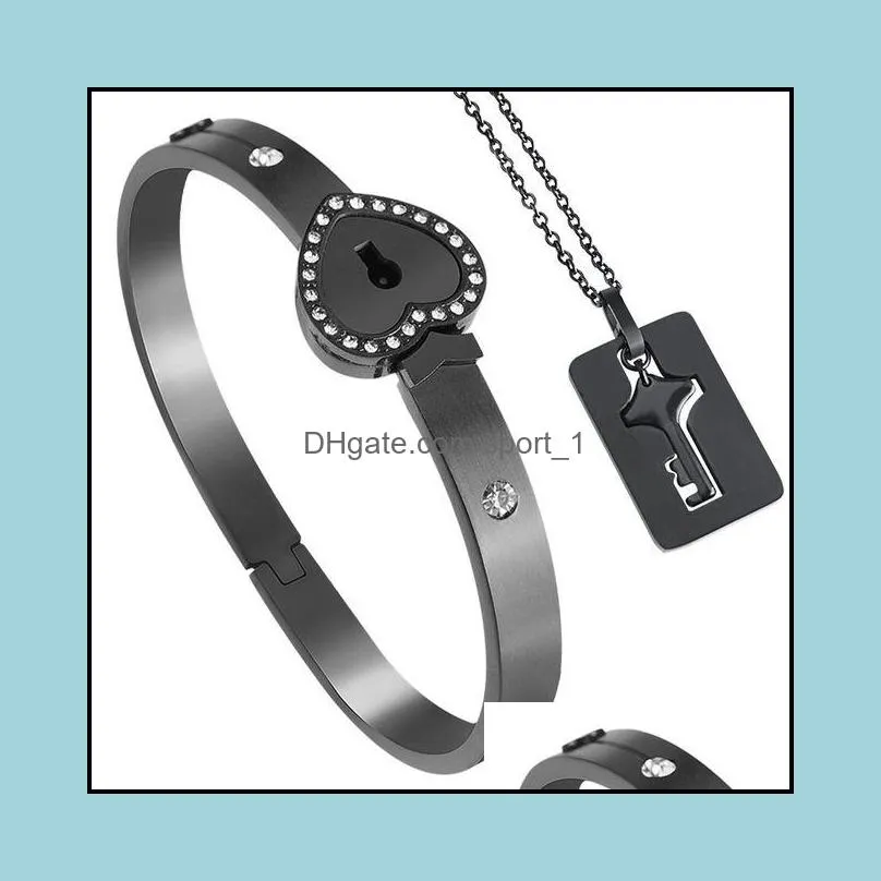 fashion couple lovers jewelry set love heart lock bracelet stainless steel bangles key pendant necklace gift