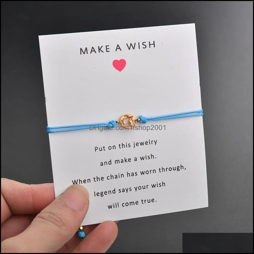 make a wish bracelets with card gold world map charm red blue black white pink string rope chains bangle fashion crafts jewelry