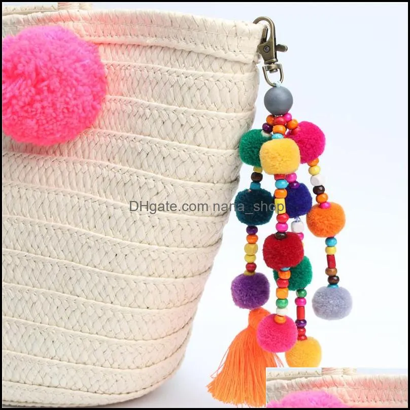 colorful bead tassels big ball key chain charm pompom keychains fashion jewelry bohemian handmade bag pendant women y426z